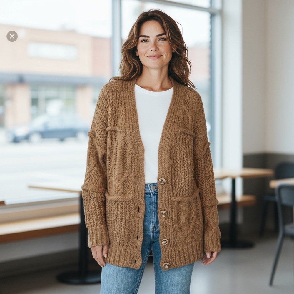 Leela & Lavender Oversized Tan Cable Knit Boyfriend Cardigan Sweater Womens S